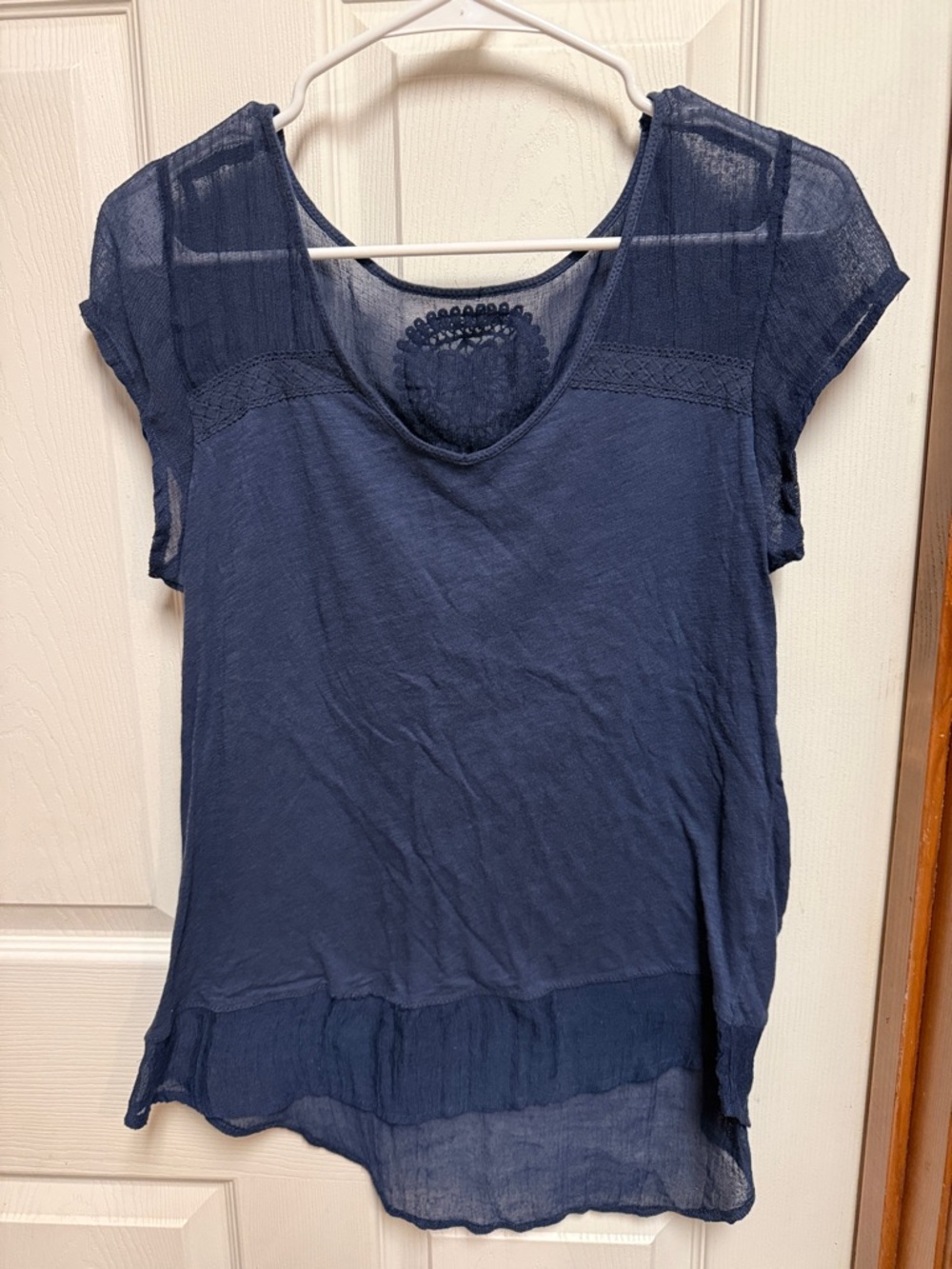 Lucky Brand Navy Short Sleeve Scoop Neck Top with Sheer Yoke